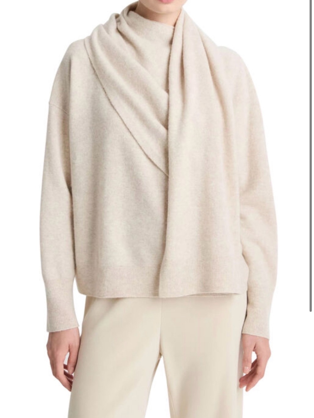 Vince Cream Draped Shawl Wool Cashmere Cowl-Neck Sweater